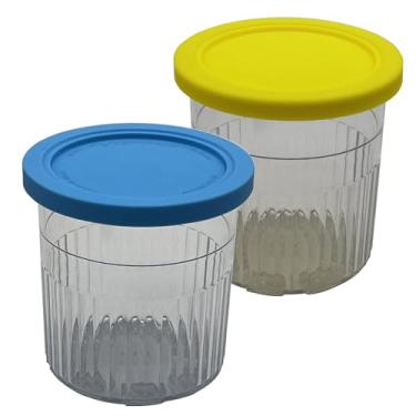 Imagem de joystar Pacote com 2 frascos de sorvete Deluxe com tampa de silicone, compatível com Ninja NC500 NC501 CN501CO Series Creami Deluxe sorveteiras, tampas coloridas (680 ml NC500, amarelo/azul)
