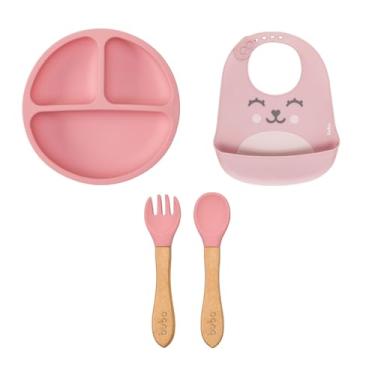 Imagem de Kit Alimentação Silicone 3pçs Babador Gumy Pratinho Talher Em Silicone e Bambu Bebe Introdução Rosa