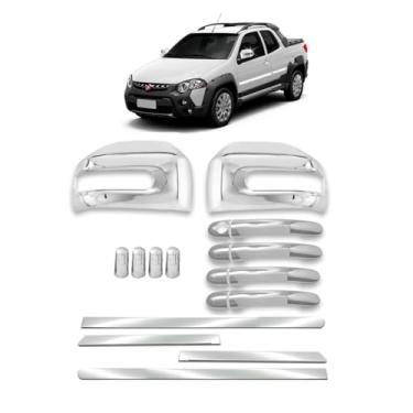 Imagem de kit Jogo aplique de maçaneta 4P + Par aplique de retrovisor com pisca + Friso Lateral Largo Esportivo Personalizado + Tampa de Válvula Strada 2009 2010 2011 2012 2013 2014 2015 2016 2017 2018 2019