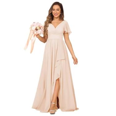 Imagem de Vestidos femininos de chiffon com gola V, plissados, franzidos, vestidos de noite formais com fenda 2024 DE164, Blush rosa, 40