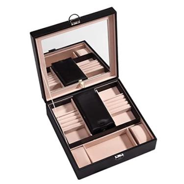 Imagem de Organizador de joias Caixa de joias de couro PU Organizador Estojo de joias de viagem Caixa de armazenamento com fechadura para mulheres com bandejas de espelho grandes Estojo Estojo de joias Armazena