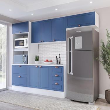 Imagem de Cozinha Pérola 4 Peças Torre Quente Aéreo 3 Portas e Balcão 2 Gavetas 3 Portas com Tampo Yescasa Branco/Azul