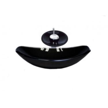 Imagem de Cuba de Vidro Oval Chanfrada 46cm com Válvula Clicke Torneira Cascata Preto