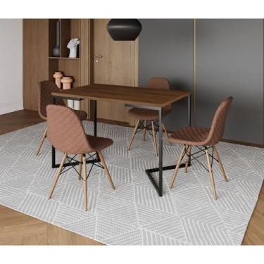 Imagem de Mesa Jantar Industrial com 4 Cadeiras Estofadas Caramelo Madeira Tampo