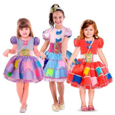 Imagem de Vestido Festa Junina Infantil Rosa Luxo Com Bolsa e Corselet - Fantasi
