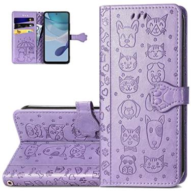 Imagem de Monwutong Capa carteira de celular para Motorola Moto G53, capa de couro PU com desenho fofo de gato e cachorro com fecho magnético e slots de cartão de dinheiro capa coldre para Moto G53, CD roxo