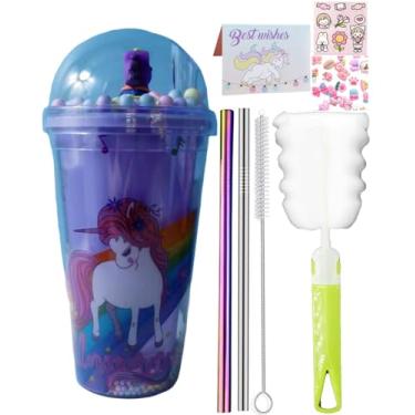 Imagem de seelucky Copo de viagem de unicórnio com canudo brilhante copo de gelo freezer caneca copo de plástico piquenique festa presente de aniversário (música unicórnio 1, 450 ml)