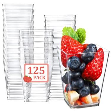 Imagem de Eupako Pacote com 125 mini copos de sobremesa de plástico de 140 g – Copos de parfait pequenos transparentes, copos quadrados para aperitivos para frutas, pudim, mousse, sorvete, festa, casamento, dia