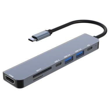 Imagem de Hub USB C 7 em 1 de alumínio com USB 3.0, hub USB C com 4K HDMI PD 100W USB 3.0 tipo-C porta leitor de cartão SD/TF, adaptador USB-C multiportas para MacBook Pro, iPhone 15, laptop, etc