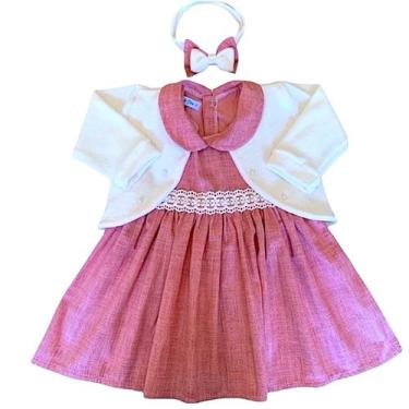 Imagem de Vestido de bebê com bolero com detalhe em pérola e tiara 100% algodão 