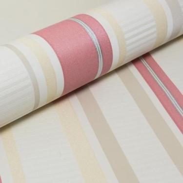 Imagem de Papel de Parede Infantil Listrado Off White Rosa Escuro com Bege- Rolo