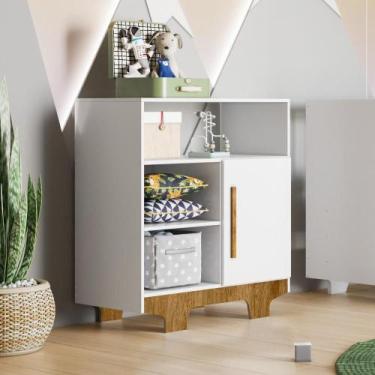 Imagem de Cômoda Infantil 100% MDF 1 Porta 3 Prateleiras Flocos Branco/Madeirado