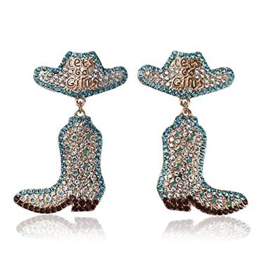 Imagem de Brincadeira de despedida de solteira, brincos ocidentais, shows country com brincos de prata de discoteca e joias turquesas de strass, completo com chapéu de vaqueira rosa, botas de caubói, decoração inspirada em Nashville (azul)