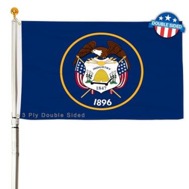 Imagem de Bandeira do estado de Utah com 3 camadas 6,5 x 9,5 m 150D poliéster dupla face resistente ao ar livre cores vivas com cabeçalho de lona durável e 2 ilhós de latão