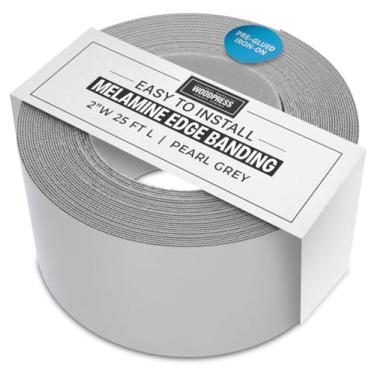 Imagem de WoodPress® Faixa de borda de melamina cinza pérola de 5 cm, fita folheada pré-colada – rolo de 7,6 m – Passar a ferro para fácil aplicação DIY – cobrirá a borda de um painel MDF padrão de 2,5 m x 10