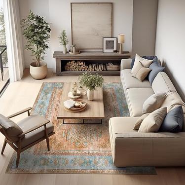 Imagem de Ashler Tapete Boho, 20 x 25 cm, tapetes vintage, tapete de área grande, tapetes para sala de estar, quarto, cozinha, jantar, decoração de casa laranja/azul-petróleo/terracota, antiderrapante e lavável