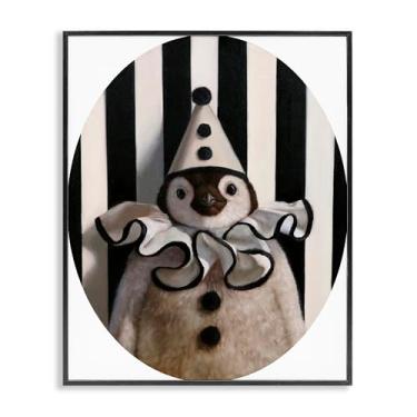 Imagem de Stupell Industries Design de parede giclée emoldurado pinguim com tema palhaço por Lucia Heffernan, moldura preta, 28 x 35 cm
