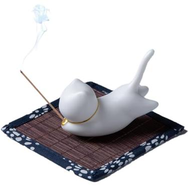 Imagem de Suporte de incenso feito à mão para queimador de incenso, de cerâmica, com tapete de bambu, decoração de gato, suporte de incenso para palitos para aromaterapia, ioga, meditação, suporte de anel