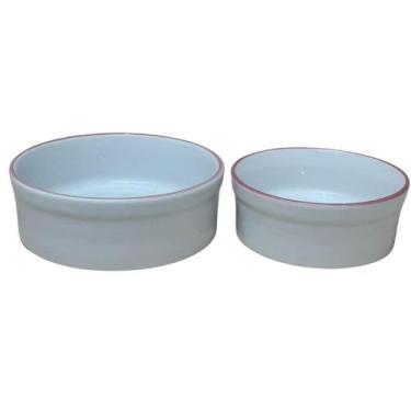 Imagem de Kit Comedouro e Bebedouro para Cães e Gatos - Porcelana Borda Rosa - A
