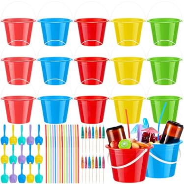 Imagem de meekoo 60 baldes de plástico para rum, 15 baldes de gelo para coquetéis de 2 litros/1,927 g, 15 canudos e 15 pás, 15 palhetas de guarda-chuva com alça para festa de verão, bar, vinho, cerveja, bebida,