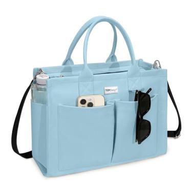 Imagem de TOPDesign Bolsa feminina de lona, bolsa de ombro transversal com 9 bolsos externos e internos, bolsa de viagem, Azul claro, One Size