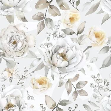 Imagem de WalRiddle Papel de parede de peônia verde pálido cinza floral vintage folhas descascar e colar papel de parede adesivo à prova d'água para locatário