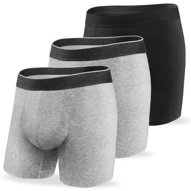 Imagem de REELINDRY Cueca boxer lavável para incontinência masculina, absorvente de 65 g, à prova de vazamento, perna longa, controle da bexiga, pacote com 3 (1 preta-2 cinza claro, 2GG)
