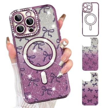 Imagem de Fiyart Capa projetada para iPhone 16 Pro, compatível com MagSafe Plating Clear X 2 peças de fita nós de laço com glitter papéis magnéticos para mulheres meninas proteção da câmera à prova de choque