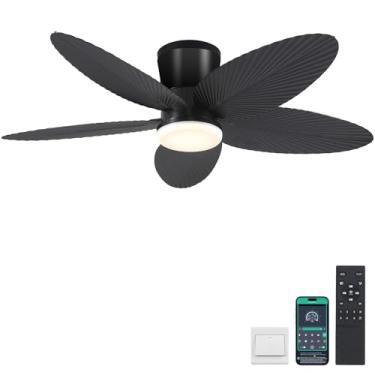 Imagem de Surtime Ventiladores De Teto De Folha De Palmeira Com Luzes - 42 Ventilador De Teto Tropical Com Luz E Controle Remoto/App, Ventiladores De Teto Pretos De Perfil Baixo Embutidos Para Quarto, Uso Em