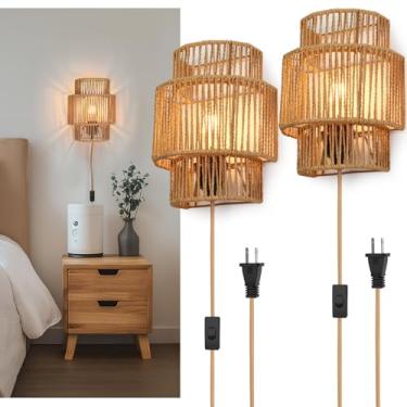 Imagem de AKEETO Conjunto De 2 Arandelas De Parede Plug-In, Decoração De Parede Boêmia Tecida À Mão Com Interruptor, Luminárias De Parede Para Quarto, Sala De Estar, Corredor, Varanda