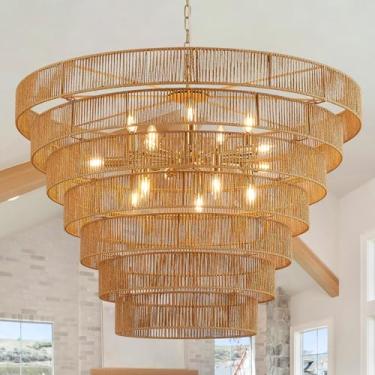 Imagem de YOMECOO 39,4" Grande Lustre De Vime Tecido À Mão Vintage Fazenda 15 Luzes Boho Bambu Lustre Luminária Retro Tambor De 7 Níveis Vime Vime Lustre Dourado Para Sala De Jantar, Cozinha, E12