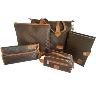 Imagem de Super Kit Organizador Vinil Bolsa Médica Feminina Xadrez Marrom Corina Fabri 5 peças