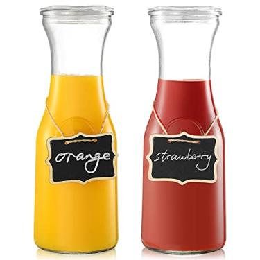 Imagem de Conjunto de 2 jarras de vidro com tampas, garrafas de 1 litro para bar de mimosas, brunch, água fria, bebidas, vinho, chá gelado, limonada, 2 etiquetas de lousa de madeira incluídas