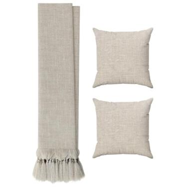 Imagem de Kit Manta Para Sofá Luxo Bege 2,20m Jacquard Linho + 2 Capas De Almofadas 45x45 Decoração Sala