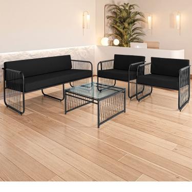 Imagem de Conjunto 2 Poltronas 1 Namoradeira e 1 Mesa de Centro Córdova em Aço Carbono e Fibra Sintética Acesse Móveis