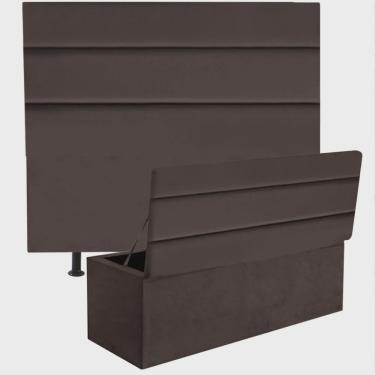 Imagem de Kit Cabeceira Estofada e Calçadeira Baú Recamier Argent 90cm Solteiro Corino Marrom - Ahz Móveis