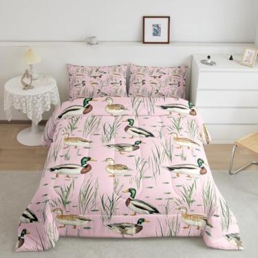 Imagem de Feelyou Jogo de edredom fofo de pato selvagem, tamanho casal, caça, pato selvagem, para meninos, adolescentes, caçar e pescar, 3D, conjunto de edredom verde e rosa para decoração de quarto