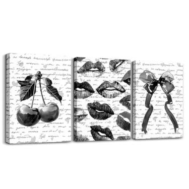 Imagem de Feelyou 3 peças de arte de parede em tela preta e branca preta e cereja vintage decoração de parede com arco de menina coquete escuro impressões para quarto de menina escolar neutro 30,5 cm x 40,6 cm