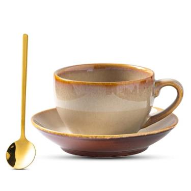 Imagem de Xícara de café de porcelana com colher de pires, xícara de chá de café expresso de cerâmica de design vintage cappuccino barista com pires (330 ml, 350 ml, amarelo pomelo mel)