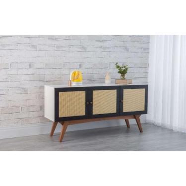 Imagem de Balcão Buffet Para Sala De Jantar Mdf Branco Pés Jatobá 3 Portas Preta