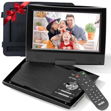Imagem de SUNPIN Leitor de DVD portátil de 11" para carro e crianças com tela giratória HD de 9,5" de 9,5", bateria recarregável de 5 horas, tomada dupla para fone de ouvido, suporta cartão SD/USB/CD/DVD, com capa de apoio de cabeça extra (preto)