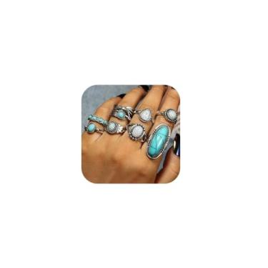 Imagem de Octwine 8 peças de anéis de prata boêmia esculpida articulação conjunto oval verde turquesa anel de dedo opala midi anéis de prata anel punk joias para mulheres e meninas, Liga, prata, metal