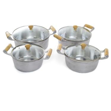Imagem de Jogo de Panelas com Tampa Vidro 4 Pçs Alumínio Batido Fundido Cabo de Madeira Marfim Envernizado