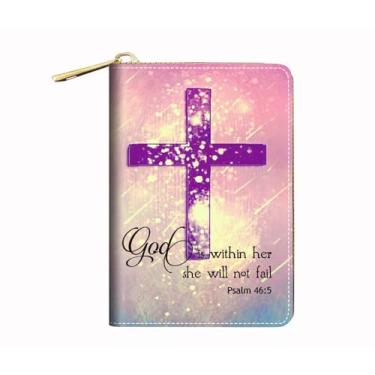 Imagem de BWOOLL Carteira feminina com porta-cartão de crédito RFID, capa de couro com zíper, flamingo, Cruz Cristã Versículo da Bíblia Salmo 46:5, Moda