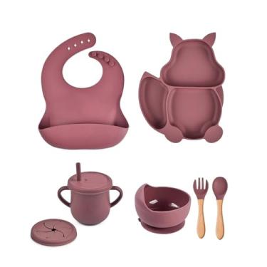 Imagem de Kit 7 Alimentação De Bebe Prato Silicone Infantil Babador (Vermelho)