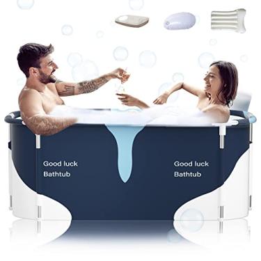 Imagem de Banheira dobrável portátil extra grande de 134,6 cm com moldura de metal para adultos, banheira de imersão de spa familiar com tampa para banheiro pequeno, engrossar banheira de múltiplas camadas com tampa (leite de 134,6 cm com moldura de metal)
