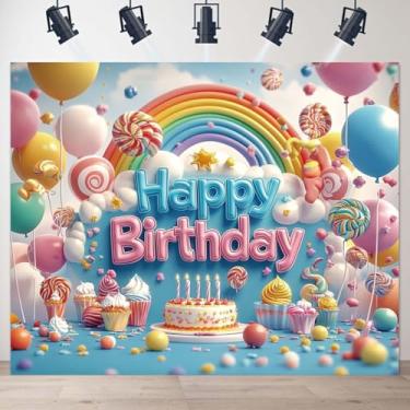 Imagem de Happy Birthday Balões de pirulito de arco-íris com desenho animado de um primeiro aniversário com balões coloridos pirulitos e bolo para crianças, chás de bebê e mais cenários de festa (C, 1,5 x 0,9 m