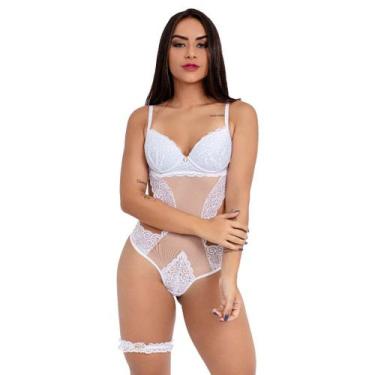 Imagem de Body IMI Lingerie Tule e Renda Transparente Aberto Nas Costas Conjunto