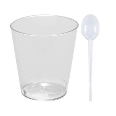 Imagem de Kit 100 Copo Copinho Potinho Cristal 25ml Acrílico Brigadeiro De Colher Doce Docinho Com Colheres(Rosa Claro)