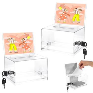 Imagem de PEOVLVN SAFE2 caixas de doação para arrecadação de fundos, caixa de sugestões de acrílico transparente com slot e caixa de sorteio de fechadura com suporte de placa para evento de votação e